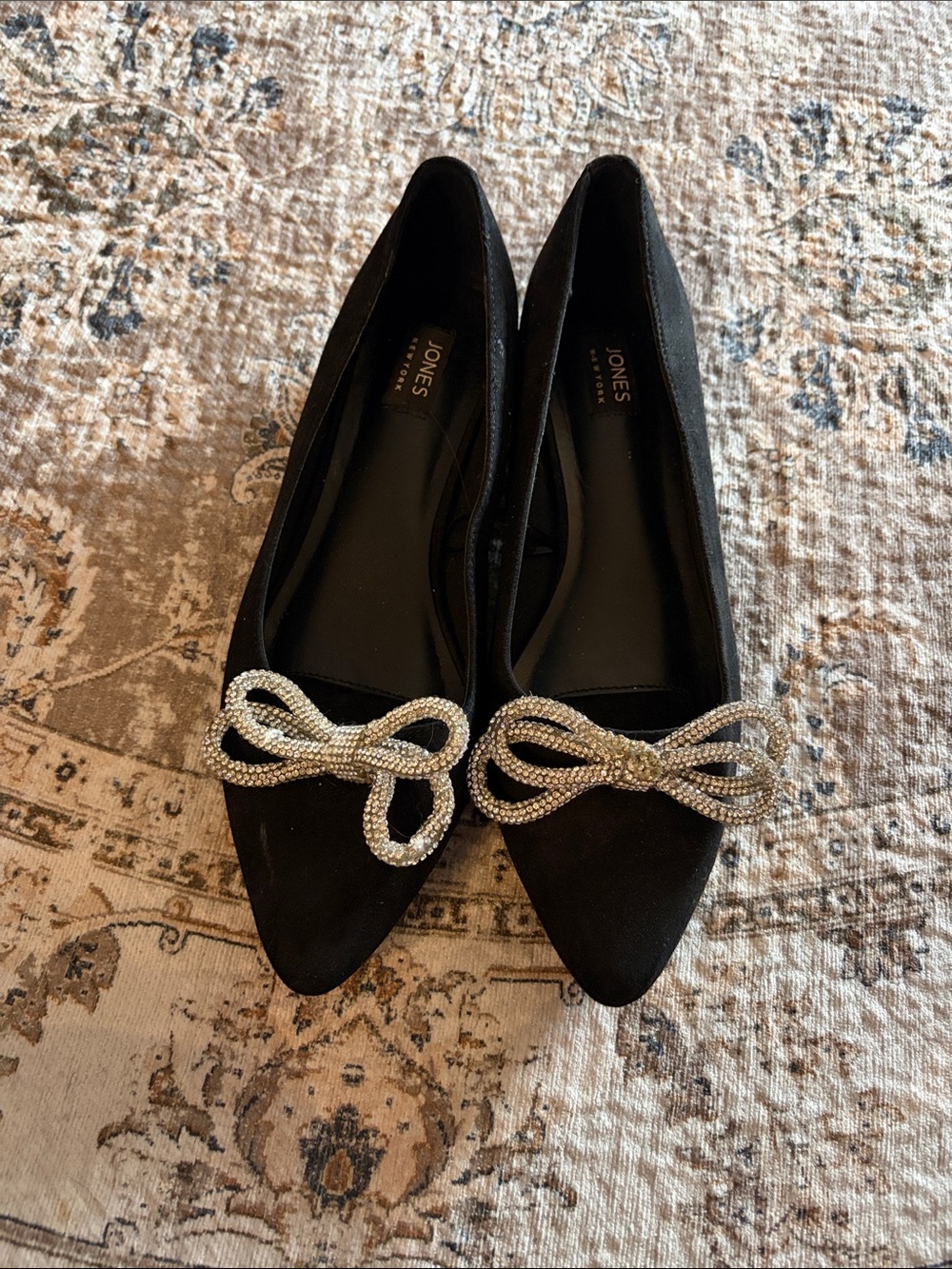 Jones New York Black Pointed Flats with Rhinestone Bow